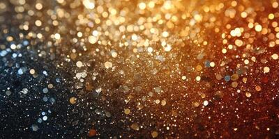 Shiny glittering particles create a dreamy background with hues of gold and blue during a festive celebration photo
