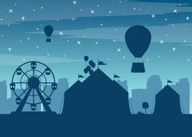 Landscape of night amusement park with buildings and sky in the background. Leisure, entertainment. vector