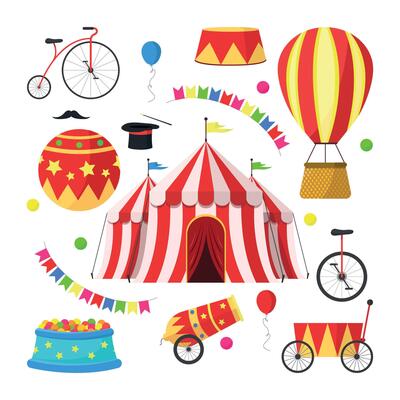 Circus icon set. Circus tent, bicycle, balloons, hat, mustache, ball, pedestal, cannon and more.