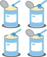 Four blue containers with open lids and scoops, showcasing creamy contents in a flat design illustration vector