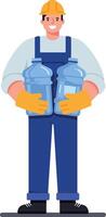 A smiling delivery worker in overalls carrying two large water bottles in a colorful and minimal design style illustration vector