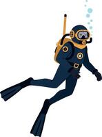 An underwater diver in a blue wetsuit exploring the ocean floor, depicted in a minimal flat design style, showcasing vibrant bubbles and a tranquil aquatic atmosphere in art vector