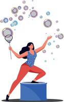 A woman joyfully making bubbles with a wand while standing on a blue box in a playful and colorful flat art scene vector