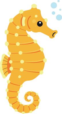 Colorful seahorse swimming gracefully in a whimsical underwater scene, featuring flat design elements and playful bubbles, art