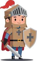 Brave young knight wearing armor and helmet with shield and sword in flat minimal art style vector