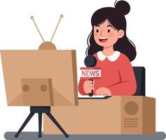 A cheerful news anchor sitting at a desk with a microphone and television in a flat illustration style, conveying a professional yet friendly atmosphere in art vector