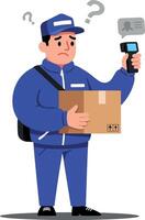 Delivery worker in blue uniform holding a package and scanner, looking confused in a flat illustration vector