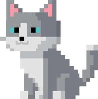 A playful grey and white cat with bright blue eyes in pixel art style showcasing cuteness and charm in vibrant illustration vector