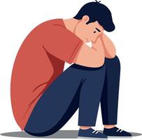 A man sitting with his head down, showcasing a flat design style, conveying feelings of sadness and introspection in this illustration vector