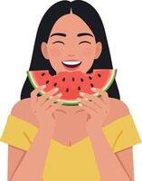 A joyful woman smiling while holding a slice of watermelon, showcasing a flat design style in vibrant colors, illustration vector