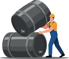 A worker lifting heavy barrels in a warehouse setting with a minimal style showcasing strength and determination in illustration vector