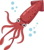 Cute red squid character with big eyes swimming in a playful underwater scene, featuring a flat design style in bright colors, illustration vector