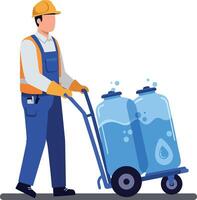 Delivery worker in bright safety gear pushing a cart with two large water bottles in a flat illustration vector