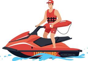 Lifeguard riding a bright red jet ski across the waves in a dynamic, flat design art vector