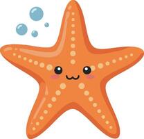 Cute orange starfish with smiling face and bubbles in a playful, flat design style, vibrant colors, cheerful mood, art vector