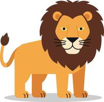 A cheerful lion with a thick mane standing confidently on a light grey surface in a flat, minimal design style illustration vector