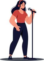 A confident woman singing passionately into a microphone while wearing headphones in a flat and minimal illustration style vector