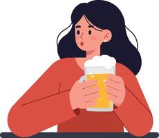 A woman holding a frothy beer while looking surprised in a cozy setting, featuring flat design elements, cheerful colors, and simple shapes in art vector