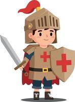 A young knight in shining armor with a sword and shield, wearing a red cross, in a playful flat illustration vector