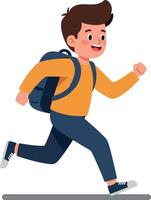 Young boy running energetically while wearing a backpack in a flat and colorful design style, cheerful illustration vector