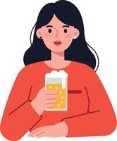 A woman in a red sweater joyfully holding a frothy beer mug in a flat illustration style vector