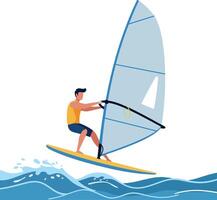 A young man windsurfing on vibrant blue waves in a flat design style showcasing action and excitement in art vector