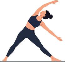 Woman performing a yoga pose in a dynamic flat design style showcasing elegance and strength in illustration vector