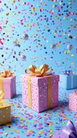Colorful celebration with confetti and gift boxes in a vibrant setting during a festive occasion photo