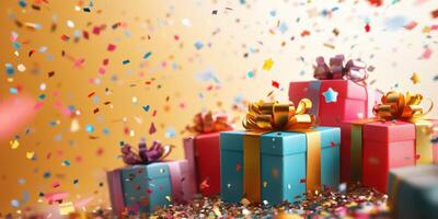 Colorful gift boxes surrounded by vibrant confetti create a festive atmosphere for a celebration or party event photo