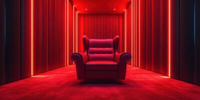 Vibrant red interior with a single prominent armchair illuminated by patterned lighting photo