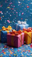 Colorful gift boxes with bows and confetti celebrate a joyful occasion in a festive atmosphere photo