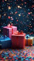 Colorful wrapped gifts surrounded by festive confetti create a joyful celebration atmosphere in a vibrant setting photo