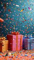 Colorful confetti falls over a collection of gift boxes at a festive celebration photo