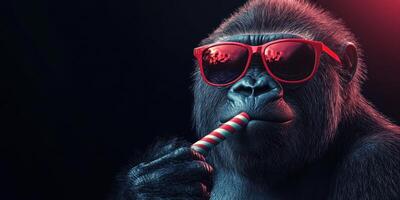 Gorilla in stylish sunglasses enjoys striped candy in a dark setting with red lighting photo