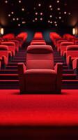 Empty red cinema seats create a striking visual in a modern theater setting with a single chair in focus photo