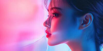 Captivating profile of a woman illuminated by colorful lights during an evening event photo