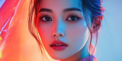 Portrait of a woman with striking features illuminated by colorful lights in a creative studio setting photo