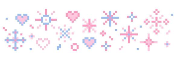 Pixel star sparkle cute retro 8 bit sparkle seamless border. Shiny pink game pixel art effect decoration. Firework burst, arrow, space decoration. 90s aesthetics, y2k vector