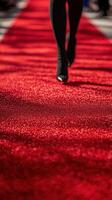 Elegant black heels walk down a vibrant red carpet during a glamorous event in an upscale venue photo