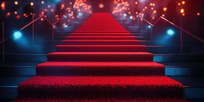 Red carpet staircase illuminated by vibrant lights in a glamorous event setting at night photo