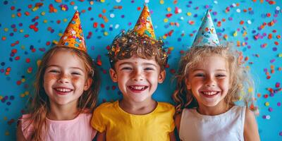 Children celebrate at a colorful birthday party with party hats and confetti photo