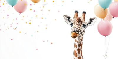 Giraffe celebrates with colorful balloons at a festive gathering in a bright and cheerful atmosphere photo