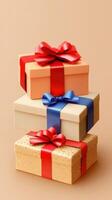 Colorful gift boxes stacked elegantly with ribbons in a light background photo