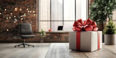 Gift box with red ribbon placed on wooden table in a cozy modern workspace with plants and city views photo