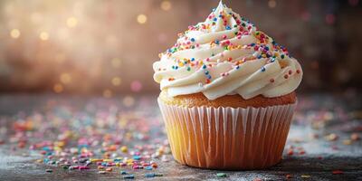 Colorful cupcake with frosting and sprinkles on a wooden table, perfect for celebrations and sweet moments photo