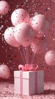 Celebrate with pink balloons and a gift box surrounded by confetti in a festive setting photo