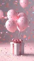 Colorful pink balloons float above a festive gift box with confetti scattered around in a celebratory atmosphere photo