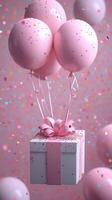 Celebratory gift box with pink balloons floating amidst colorful confetti in a joyful setting photo