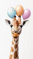 Giraffe celebrating with colorful balloons against a minimal background photo
