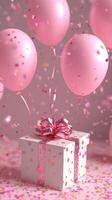 Celebration with pink balloons and a wrapped gift among confetti on a joyful occasion photo